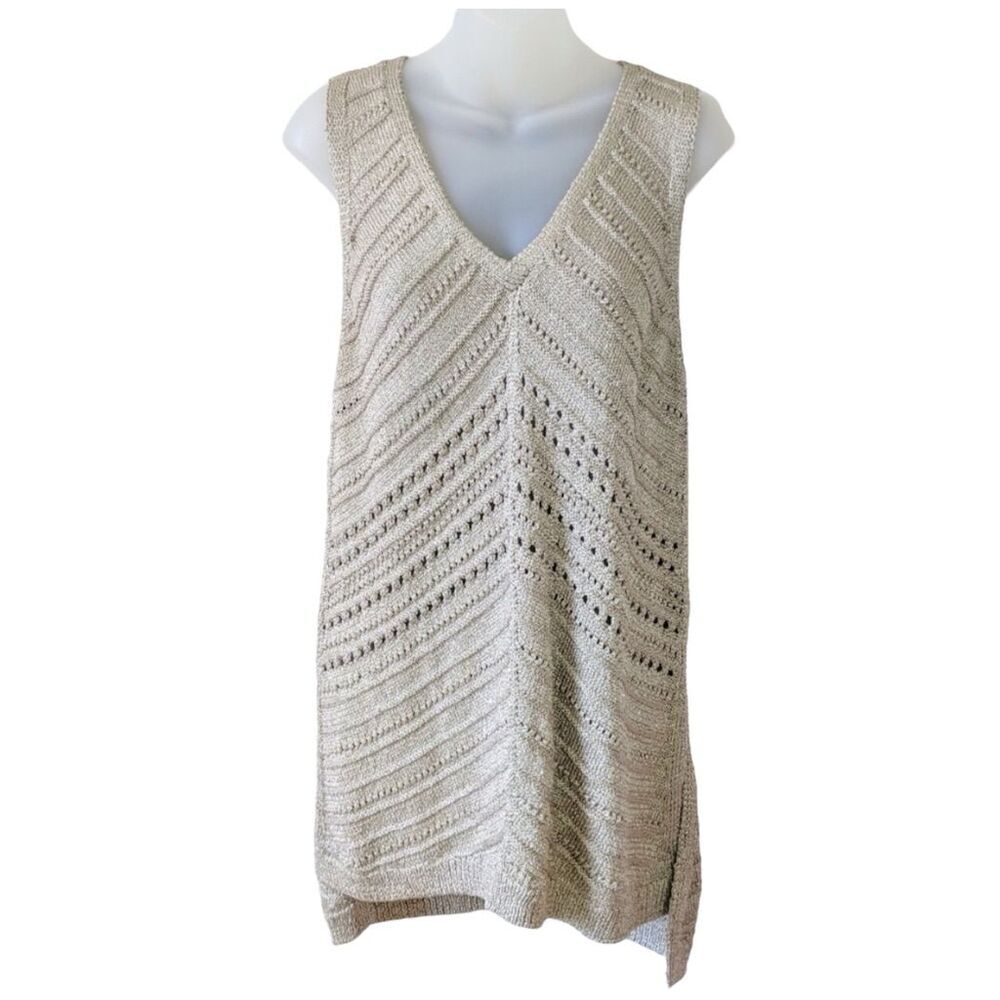 White House Black Market Women's Gold Metallic Knit Tunic Vest Size M V-Neck